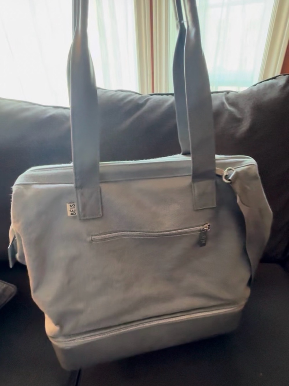 BEIS Gray Mini Convertible Weekender with Front Zip and detachable Bottom.